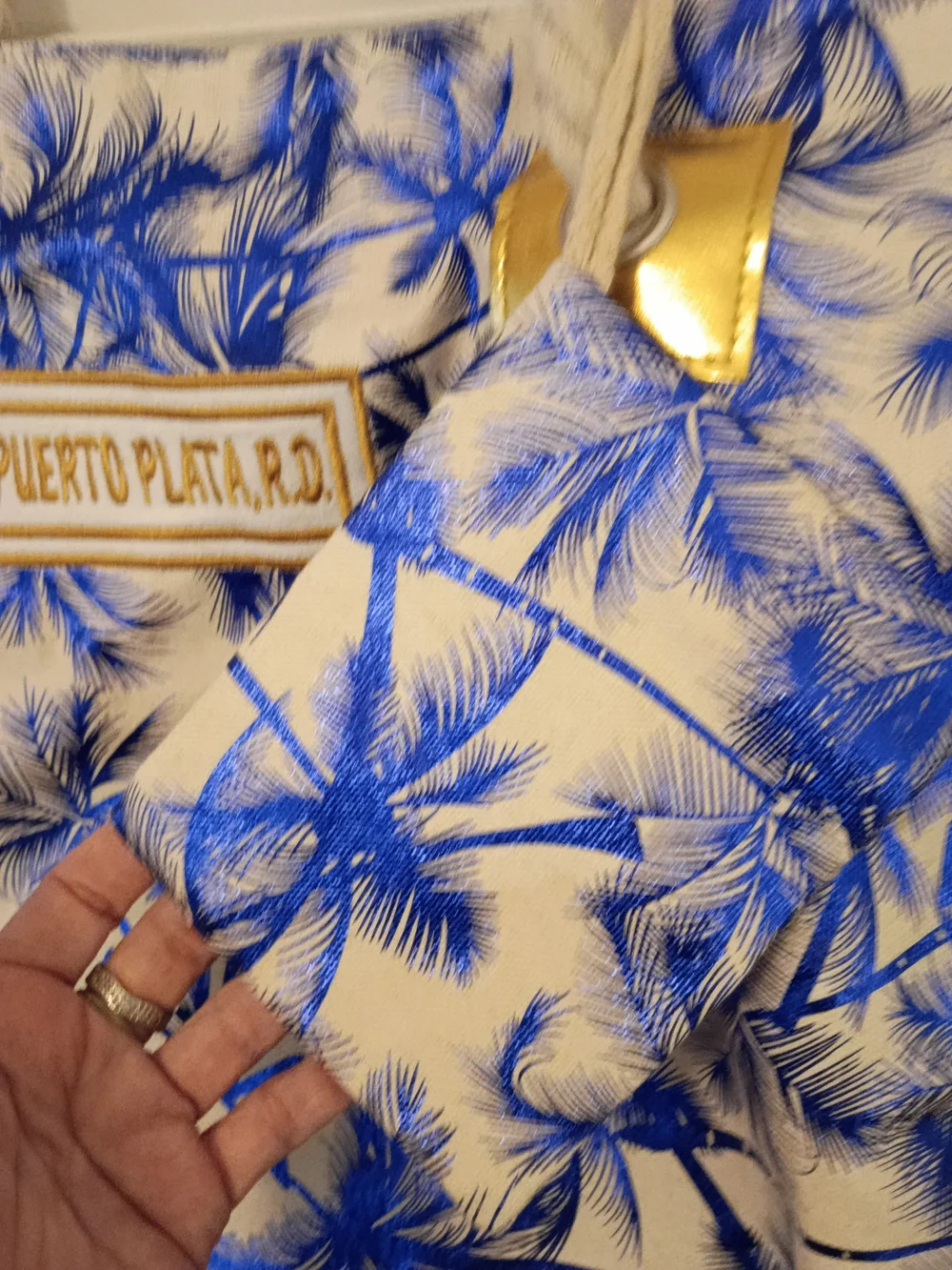 Puerto Plata Blue Palm-Print Beach Tote with Matching Pouch